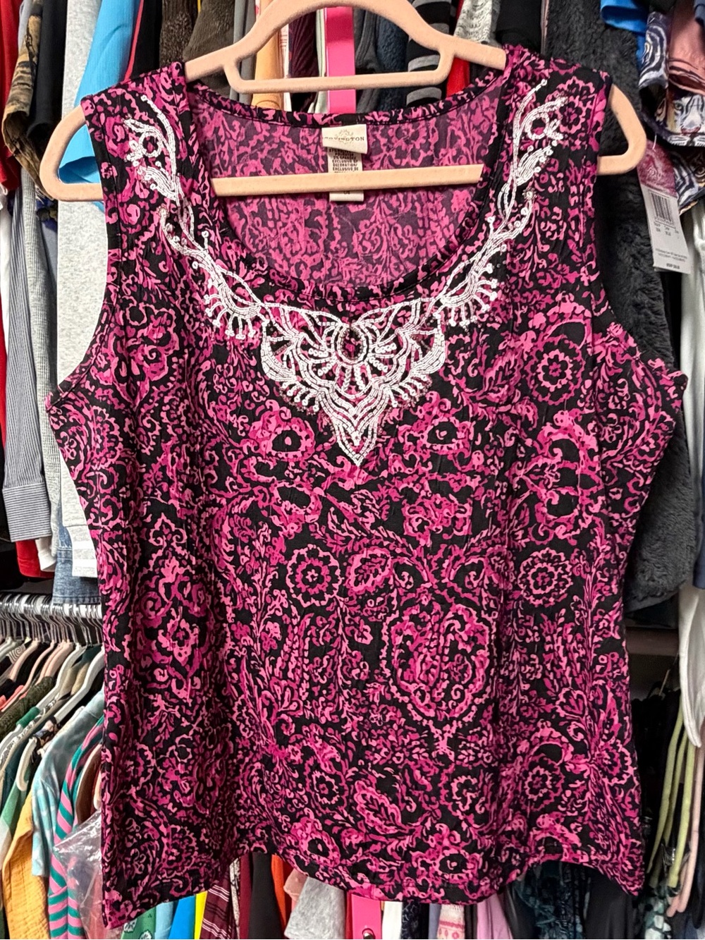 Covington Women’s Size Large Embroidered Seed Beaded Tank Top Shirt Burgundy
